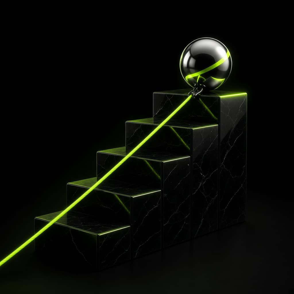 A chrome sphere hoisted to the top of a staircase by a neon rope